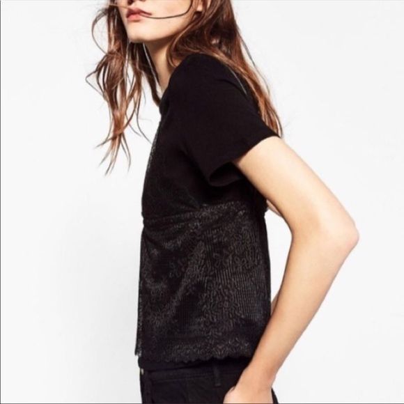 ZARA Black Short Tee w Lace Overlay Tank Top - Picture 3 of 10